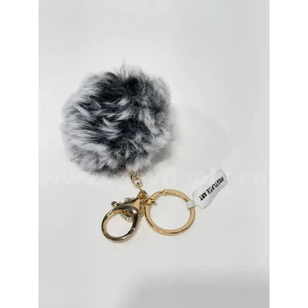 West Loop Art Faux Fur Pom Pom Keychain Gray Gold Bag Charm NEW